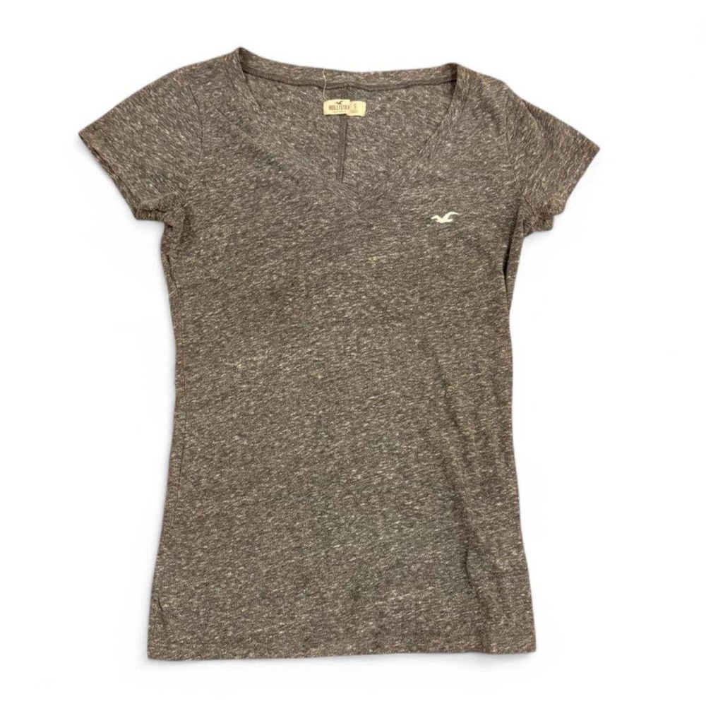Vintage Hollister Gray V-Neck Logo T-Shirt Womens Size S Heathered Grey Y2K